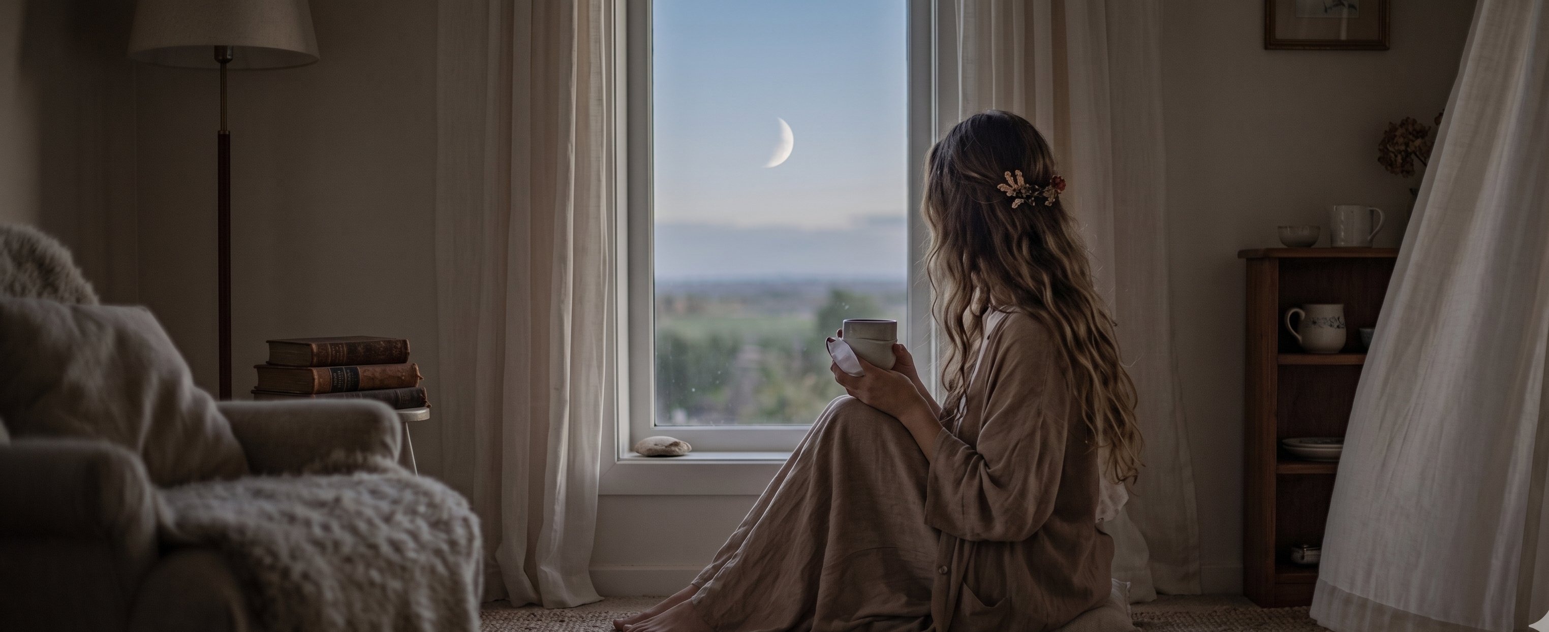 Woman sitting by a window gazing at the crescent moon