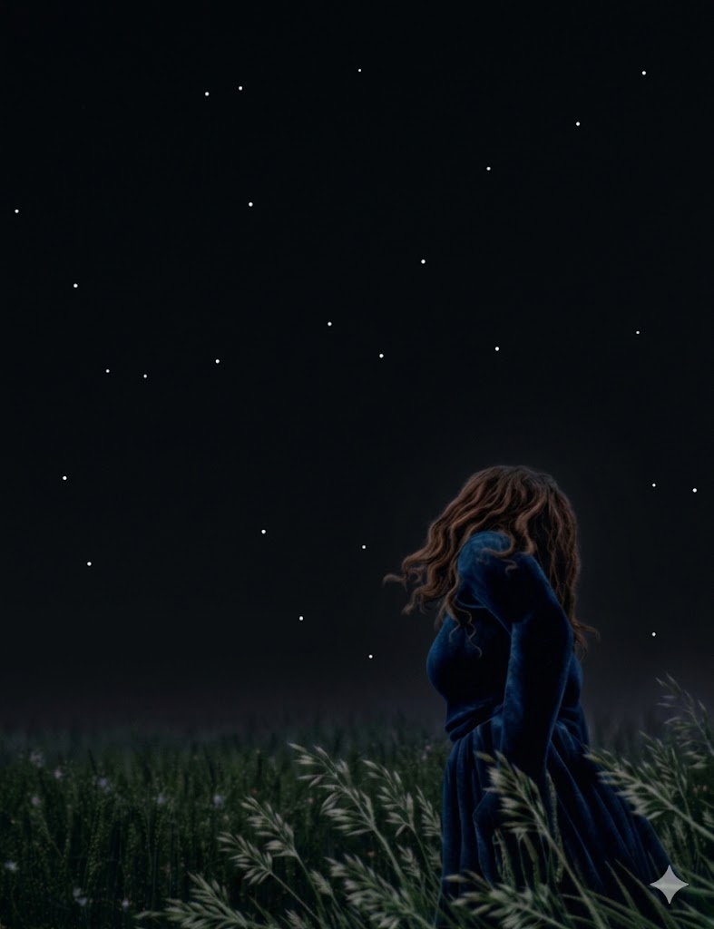 Woman standing in a field at night looking at the stars — new moon reflection