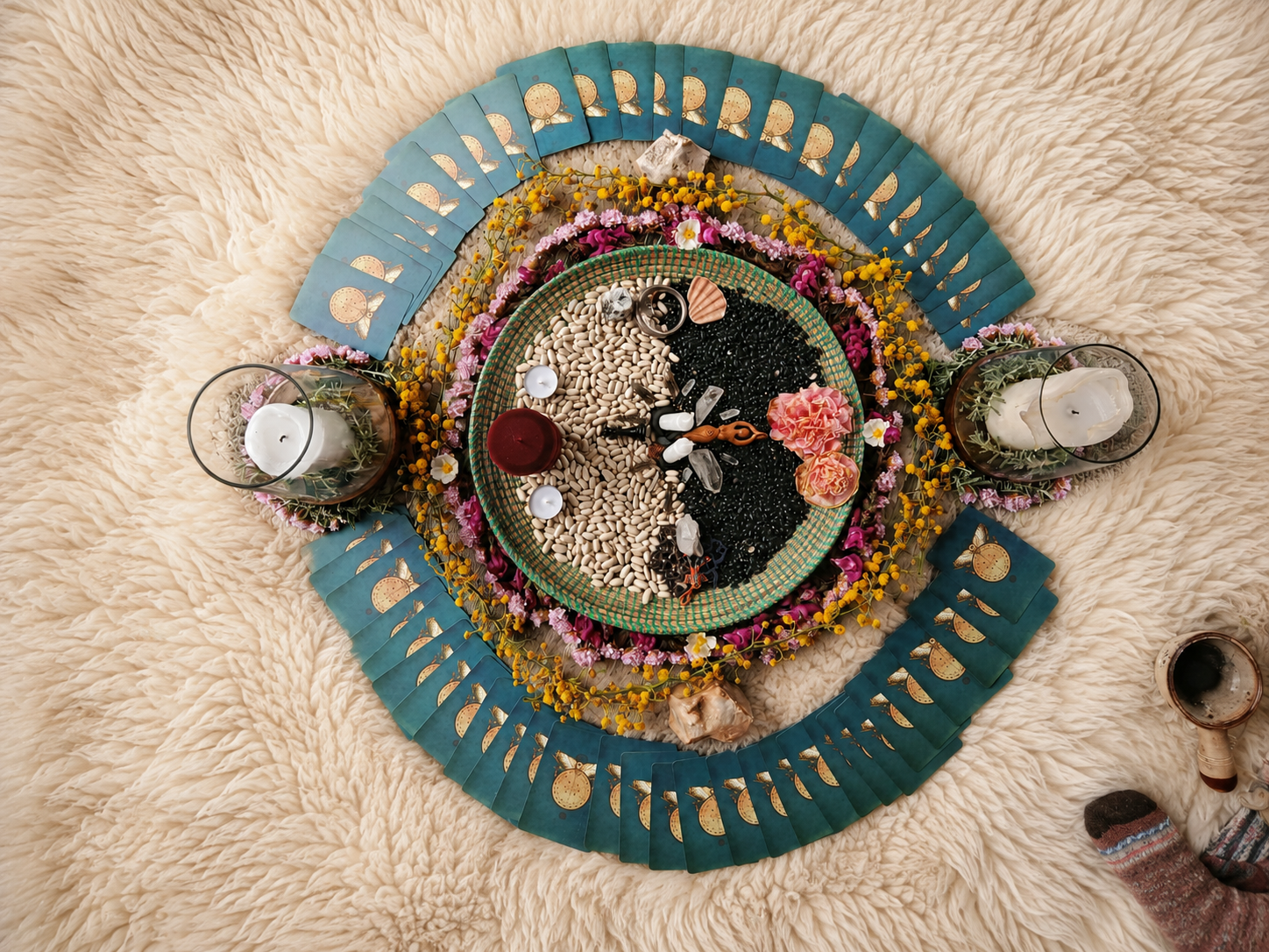A ceremonial altar arranged on a soft sheepskin rug