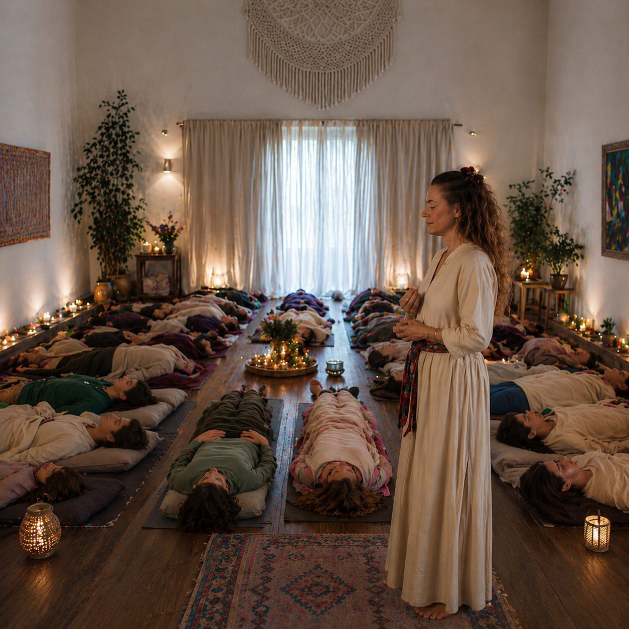 Women resting by candlelight during a womb ceremony